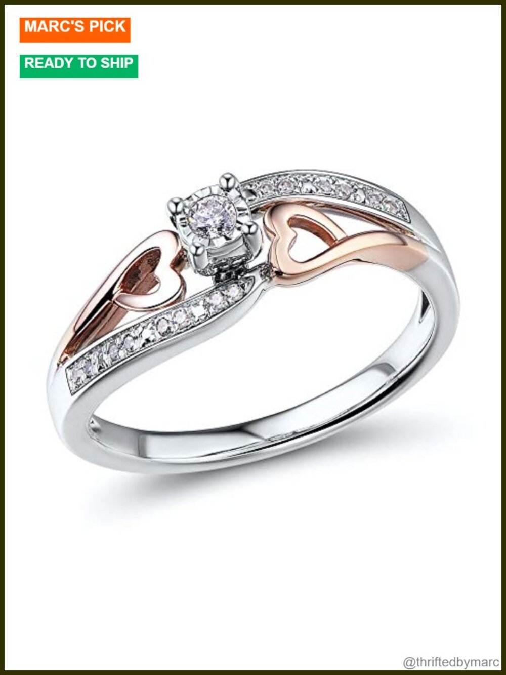 10K Rose Gold & Sterling Silver Diamond Promise Ring 1/10 Carat Halo Heart